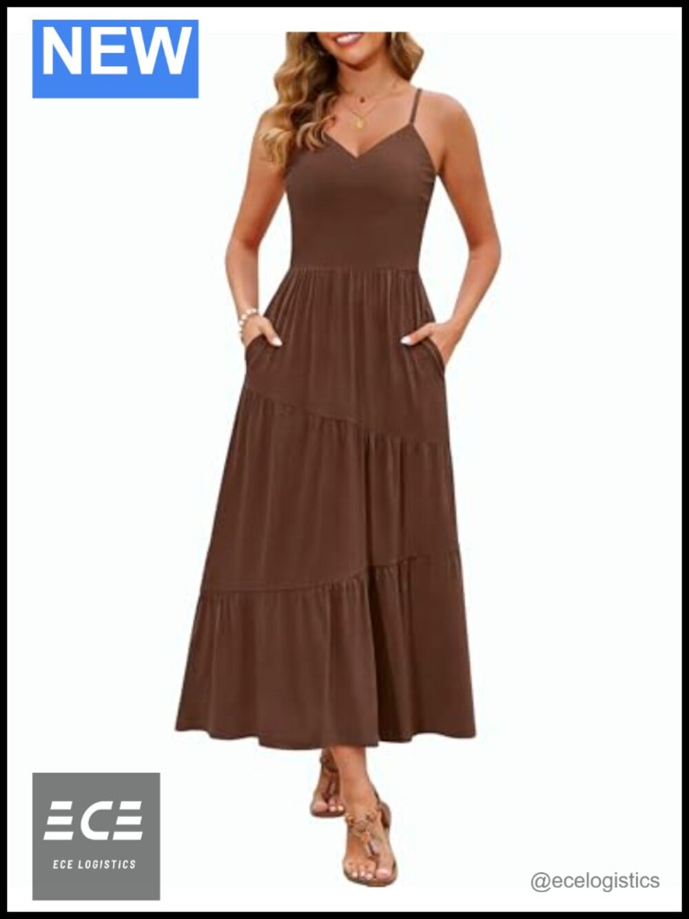Sleeveless V Neck Spaghetti Strap Tiered Maxi Sundress with Pockets